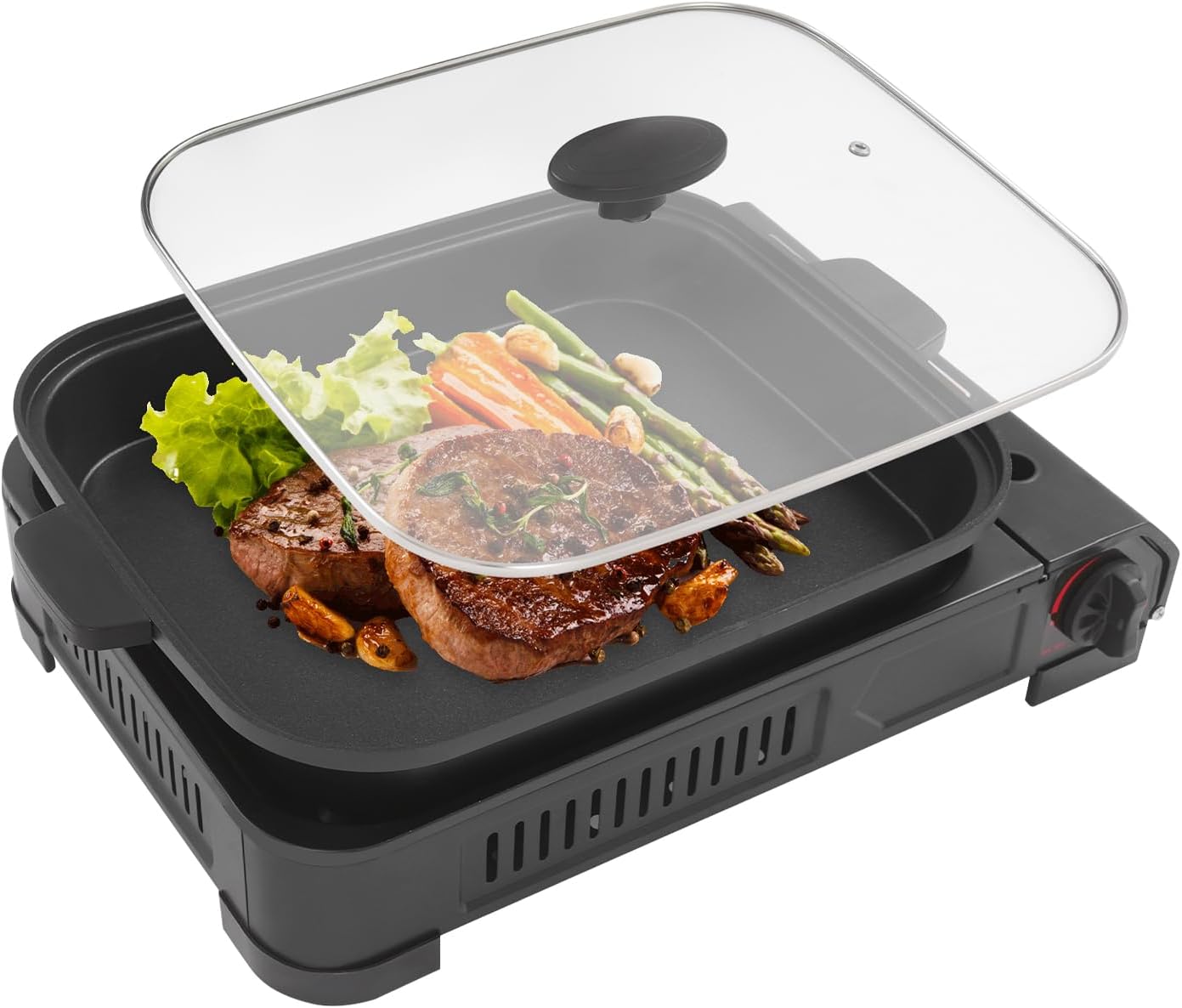 Gas Grill Butane Stove, Portable Bbq Grill Propane with Grill Pan Rack and Lid, Camping Stove Instant Ignition for Cooking, Patio Backyard, Camping, RV