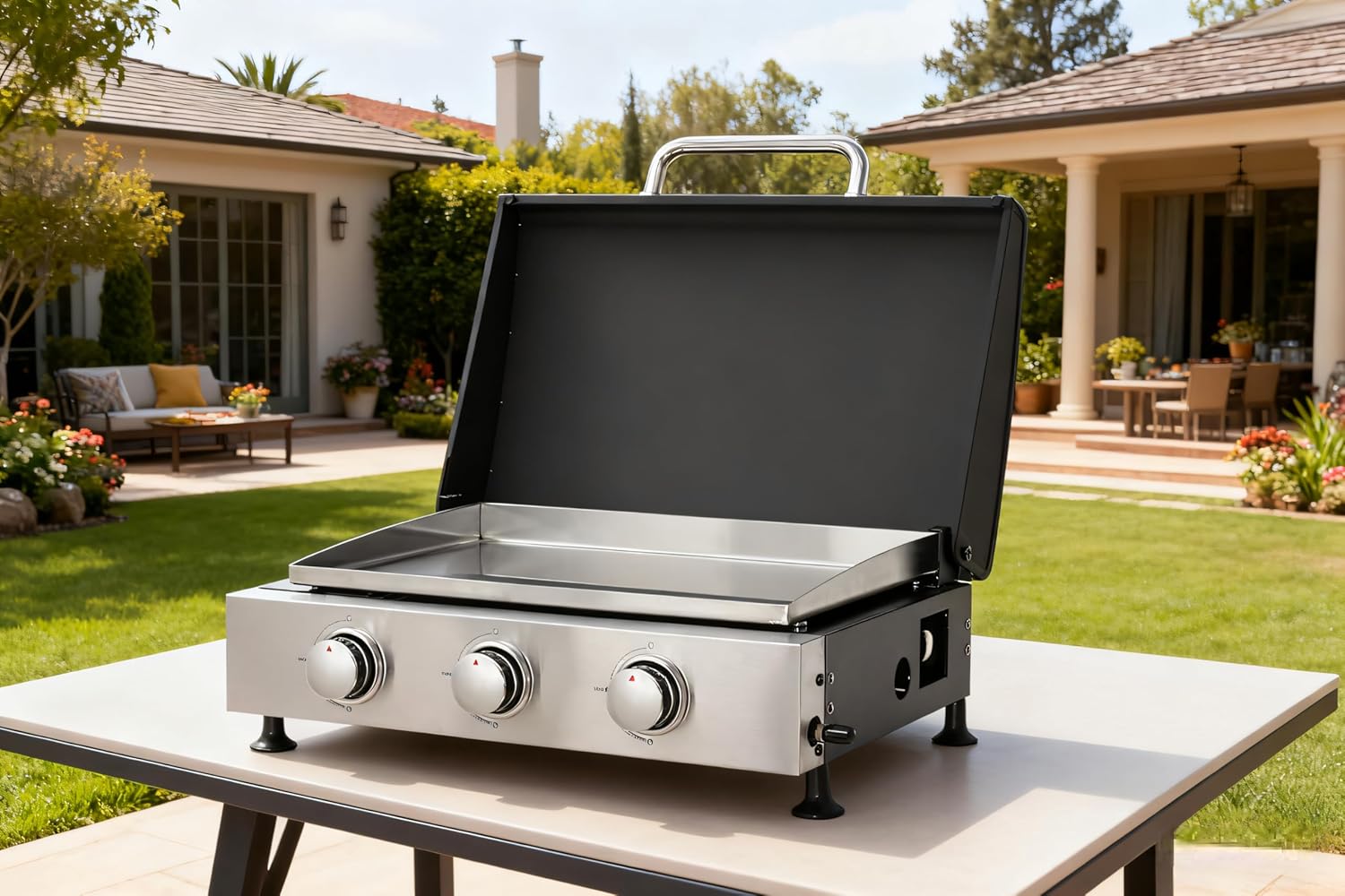 3 Burners Portable Gas Grill with Plancha, 28,680 BTU Tabletop Propane Grill, Teppanyaki and Grill Combo Design, 4 Legs for Tailgating Outdoor Backyard Patio Garden Party, Stainless Steel, Easy Setup