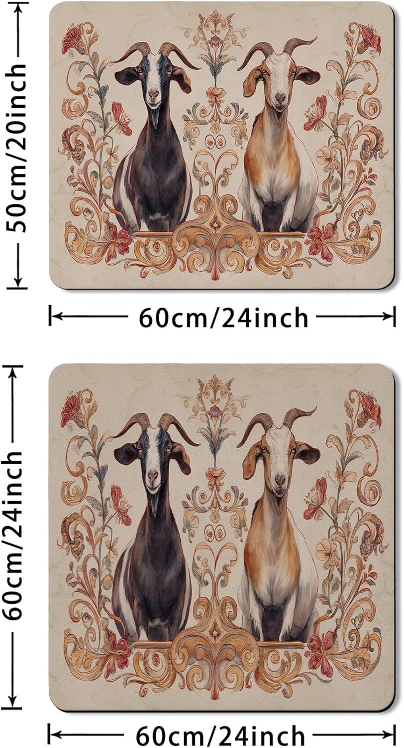 Artistic Washer Dryer Top Protector Mat, Vintage Floral Goat Design Laundry Machine Dust Covers, Rustic Rubber Anti-slip Waterproof Washer And Dryer Mats for Laundry Room 20x24 Inch