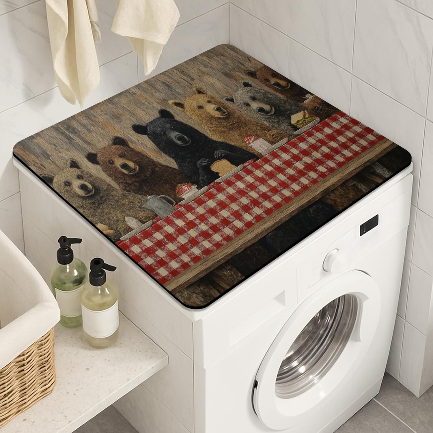 Bear Family Washer Dryer Top Protector Mat, Rustic Animal Print Laundry Machine Dust Covers, Cozy Farmhouse Rubber Anti-slip Waterproof Mats for Laundry Room 24x24 Inch