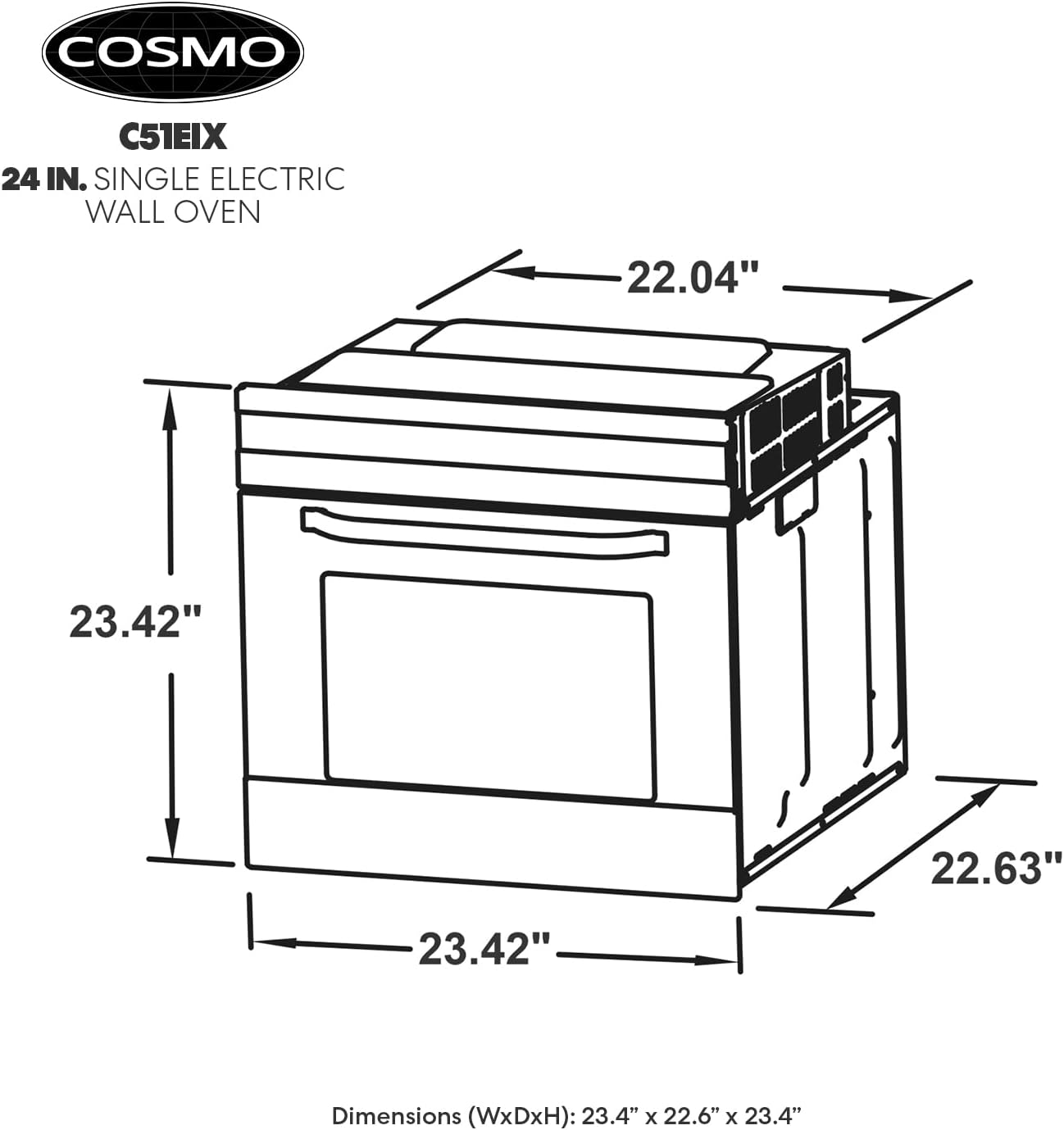 COSMO C51EIX 24 in. Lumin Collection 2.5 cu. ft. Electric Wall Oven, 8 Functions & Turbo True European Convection in Stainless Steel