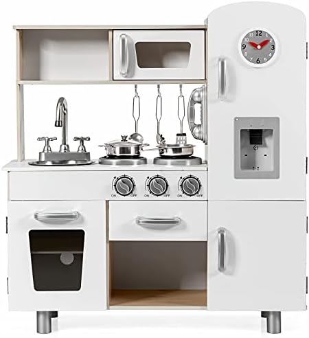 KOTEK Play Kitchen Set for Kids, Wooden Toddler Kitchen Playset with Water Dispenser w/Lights Sounds, Stove, Oven, Fridge, Microwave & Sink, Chef Pretend Play Toy Gift for Girls Boys Age 3+ (White)