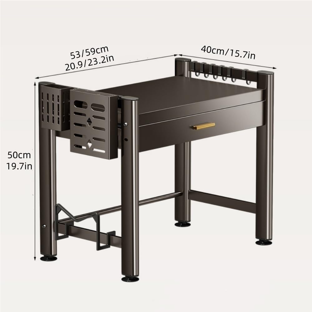 Adjustable Microwave Oven Countertop Rack, Microwave Oven Rack, Kitchen Counter Shelf, 2 Tier Metal Kitchen Countertop Organizer Shelves with 6 Hooks(59cm-23.2in)