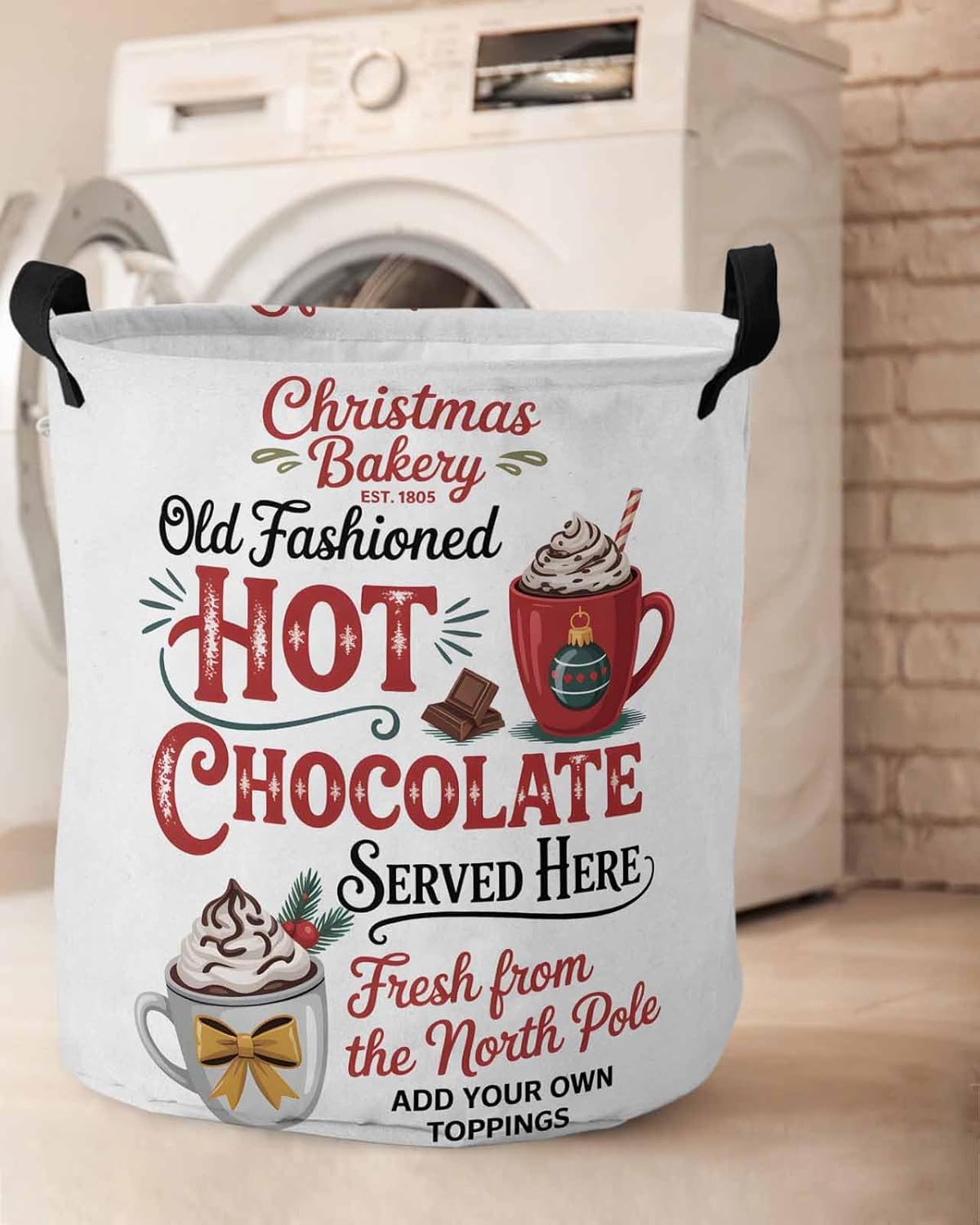 Collapsible Laundry Basket - 16.5 x 17 In Christmas Storage Bin Laundry Hamper with Handles, Hot Coco Merry Christmas Waterproof Clothes Baskets for Bedroom/Kids Room