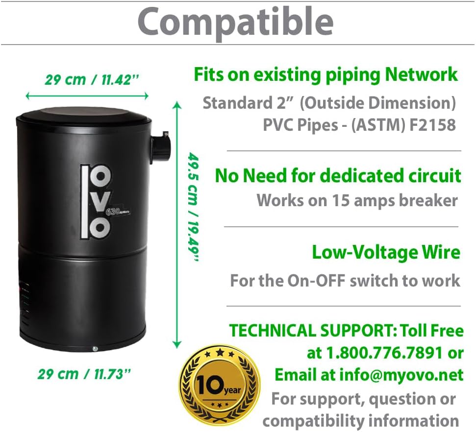 OVO Black Compact and Powerful Central Vacuum System, Condo Vac, 630 Airwatts, Use with Disposable Bag, 18L or 4.75Gal