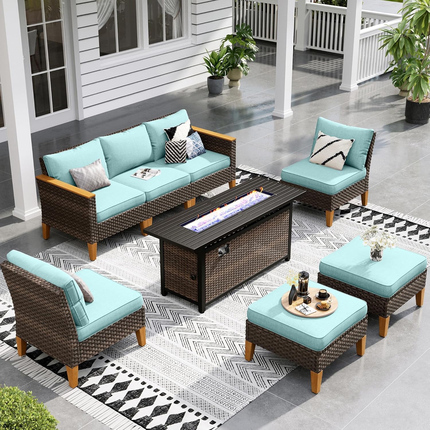 Sophia & William Patio Furniture Set with Fire Pit Table, 8 Piece Outdoor Wicker Furniture Sectional Sofa, Large Patio Rattan Conversation Set with Ottoman & 56