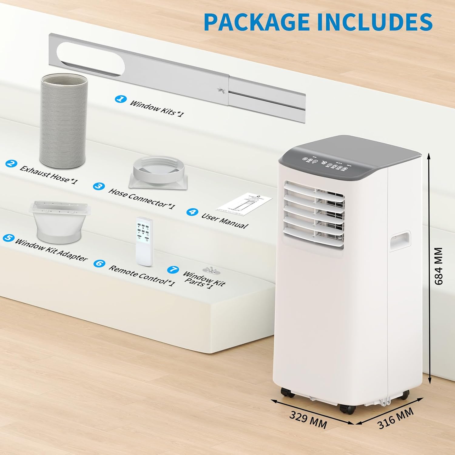 8,000 BTUs Portable Air Conditioner, 3-In-1 Room Air Conditioner with Fan & Dehumidifier Modes, Cools for 350 Sq.Ft, Remote Control & 24H Timer, Standing AC Conditioning for Bedroom, Office and Home