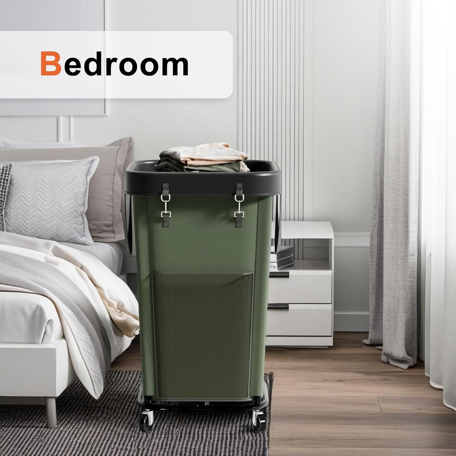 Laundry Hamper Laundry Basket with Wheels, Large Capacity Dirty Clothes Basket with Wheels, Suitable for Bedrooms, Bathrooms and Laundry Rooms (Green, 160L)