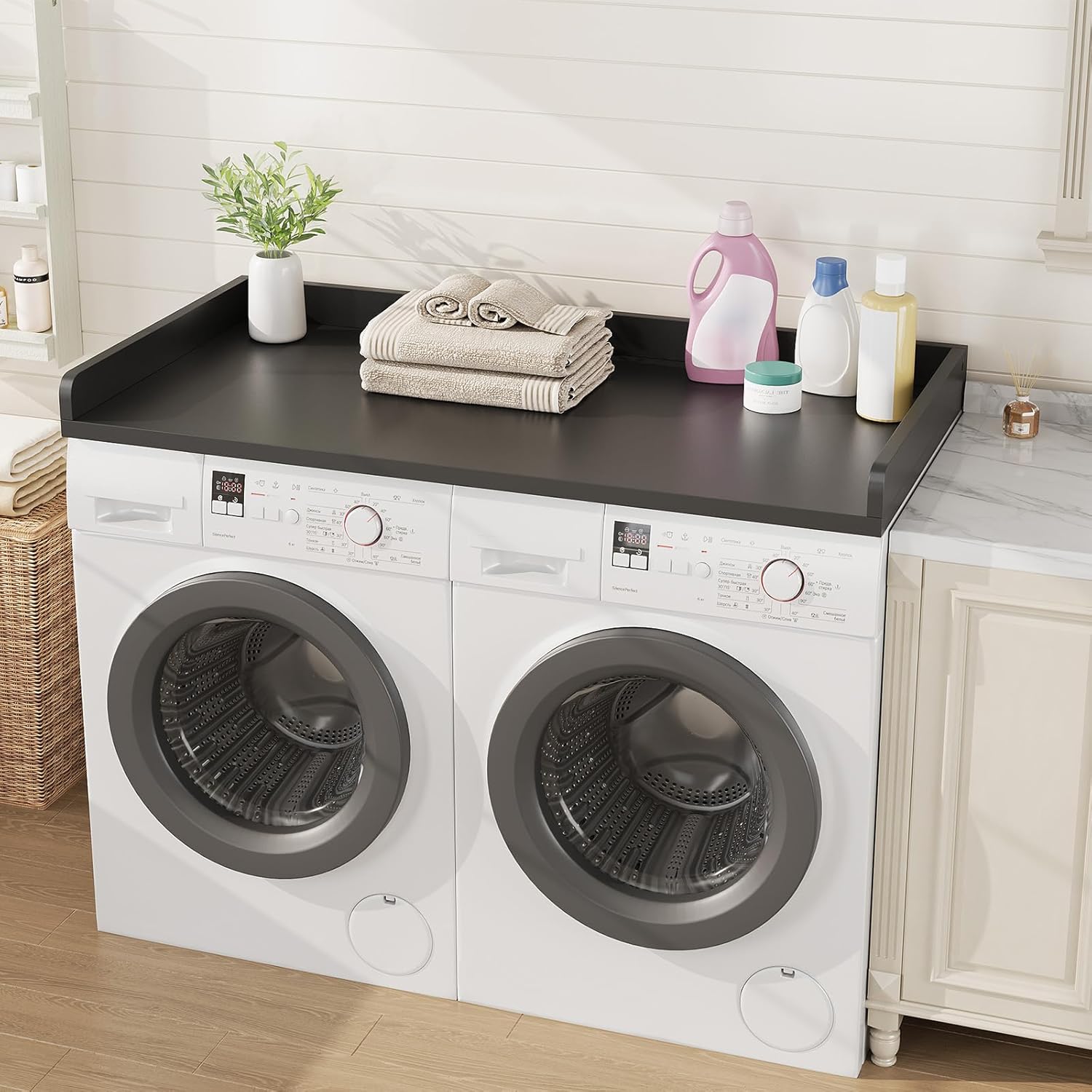 Washer Dryer Countertop, Countertop for Washer Dryer with Non-Slip Mat, Easy to Clean, Washer Dryer Wooden Countertop for Organization, 54″W x 27.5″D x 3.2″H Laundry Countertop(Black)