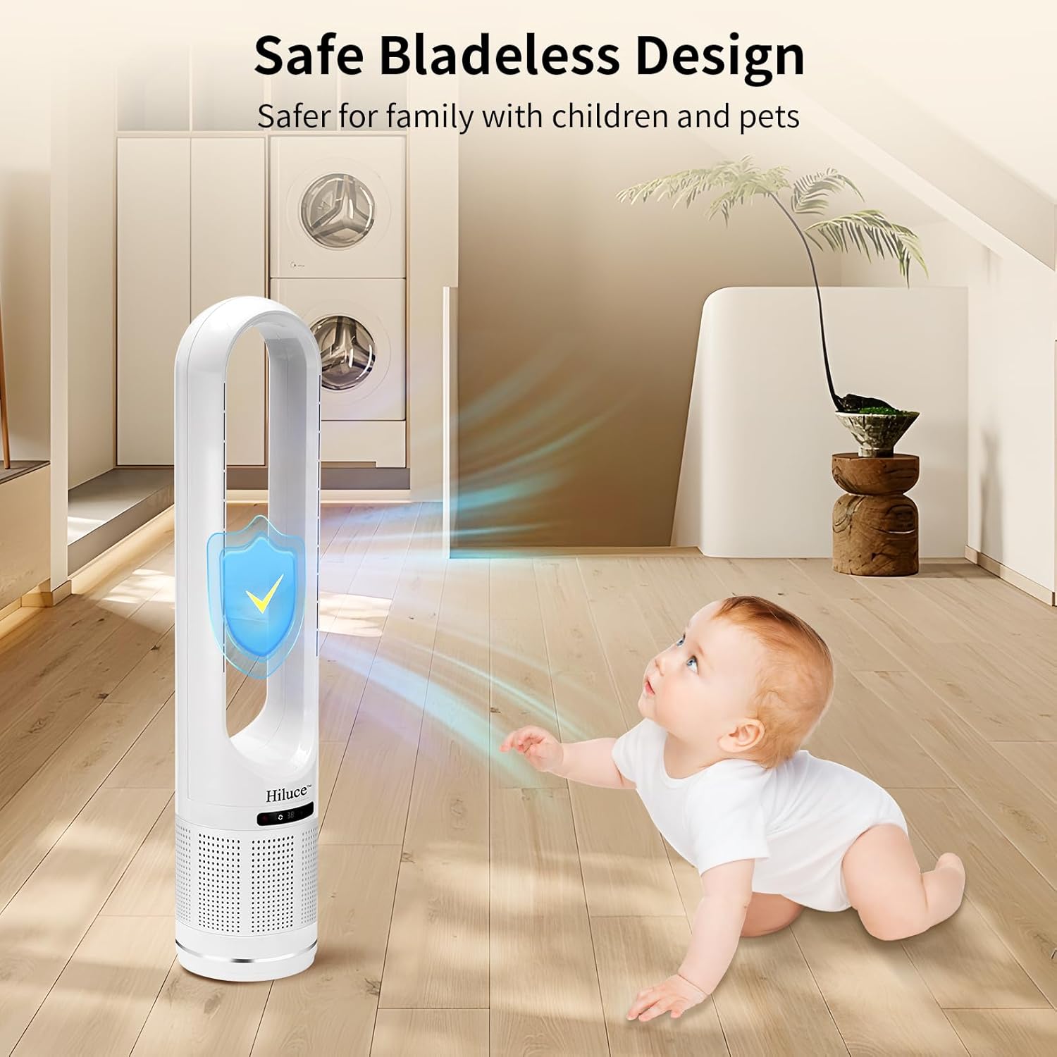 Hiluce 3-in-1 Bladeless Fan with Air Purifier,Indoor Heater,Fan and Heater Combo HEPA Filter,Tip-Over Switch,26ft/s Quiet Tower Fans,80°Oscillating, 8 Speeds, 9H Timer, 32 inch Large