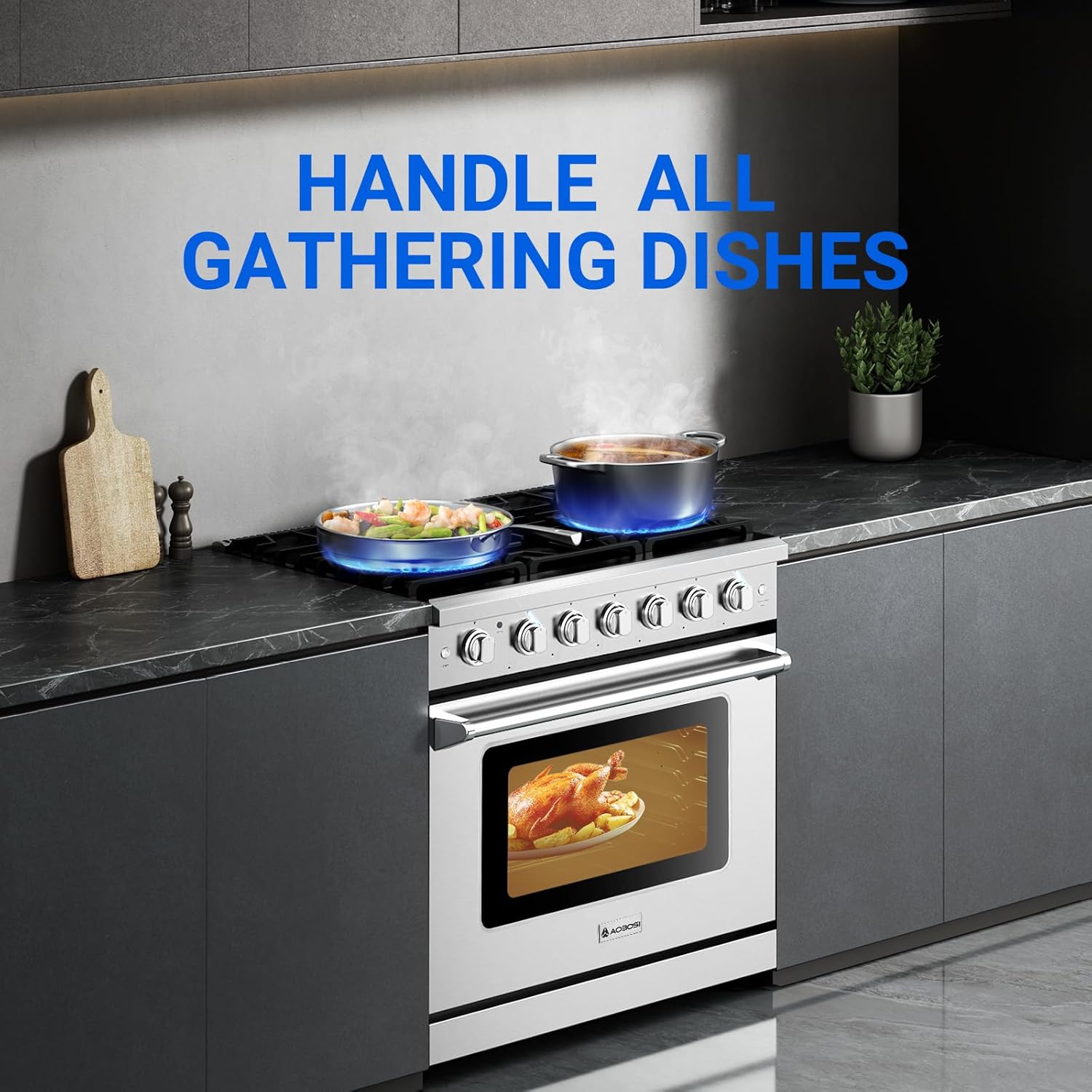 AAOBOSI 36 Inch Front Control Gas Range Oven with 6 Cooktop Burners, 6 Cu. Ft True Convection and Self Clean, Freestanding Stainless Steel Heavy Duty Gas Range Stove with Halogen Light,Large Capacity