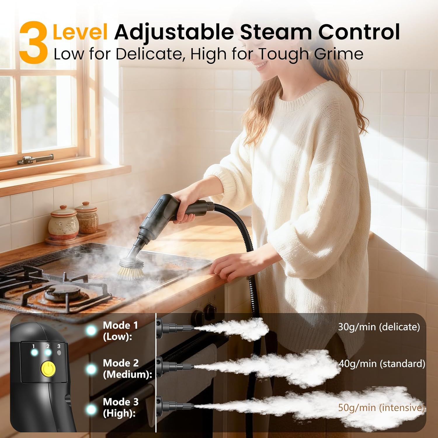 1.69Qt Steam Cleaner, 3-Level Adjustable Pressurized Steamer for cleaning, 10s Heat-Up, 2500W Handheld Steamer Cleaning for Home|Car|Tile|Floor, Multi-Surface Cleaning Machine with 22pcs Accessories