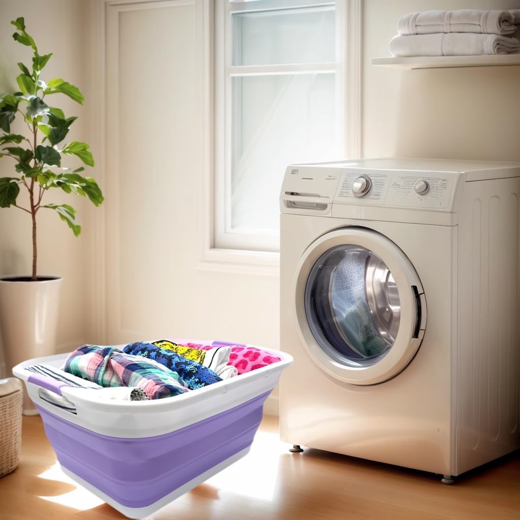 SAMMART 41L (10.8 gallon) Collapsible Plastic Laundry Basket-Foldable Pop Up Storage Container/Organizer-Portable Washing Tub-Space Saving, Water capacity: 32L (8.4 gallon) (Rectangular, Lt. Purple)