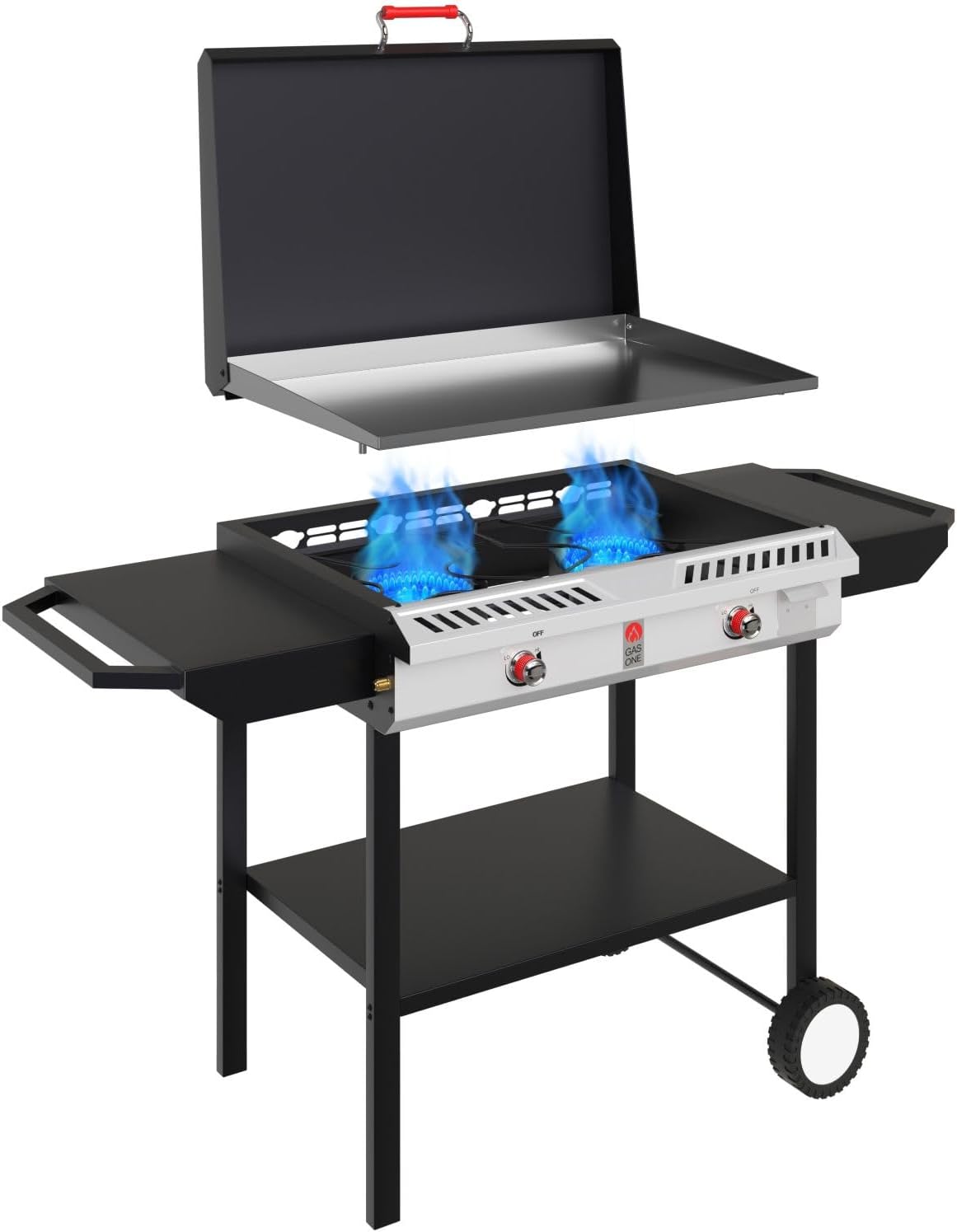 GasOne Gas Griddle – 2-Burner Propane Stove with Flat Top Grill – Modular Cast Iron Propane Grill and Griddle with Cover and Side Shelves - Cart Grill with Wheels for Outdoor