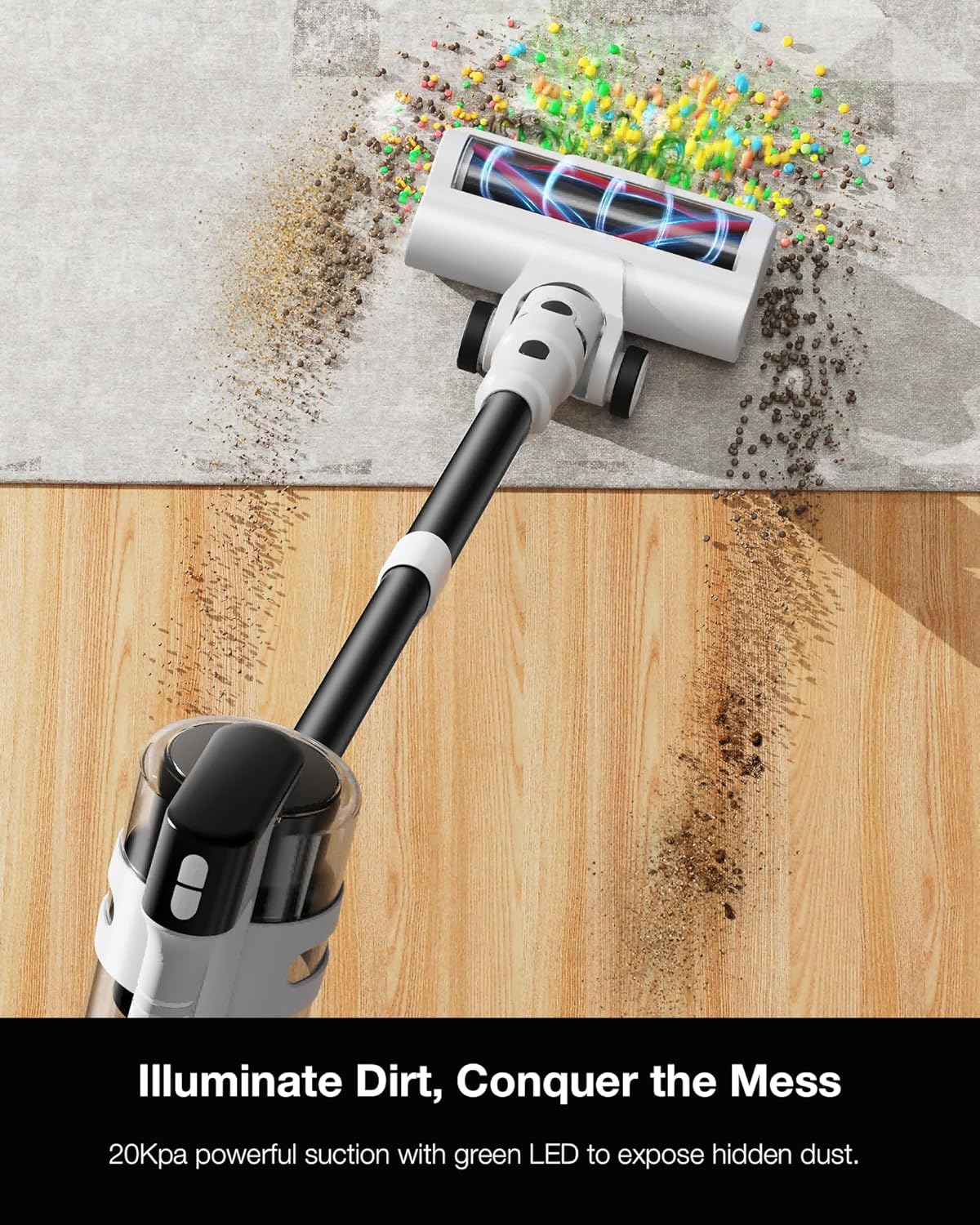 Cordless Stick Rechargeable Vacuum Cleaner, Lightweight, 55min Runtime, 20KPa Suction, Anti Tangle LED Headlight Brushless, Ideal for Carpets, Hardwood Floors, Pet Hair, and Home