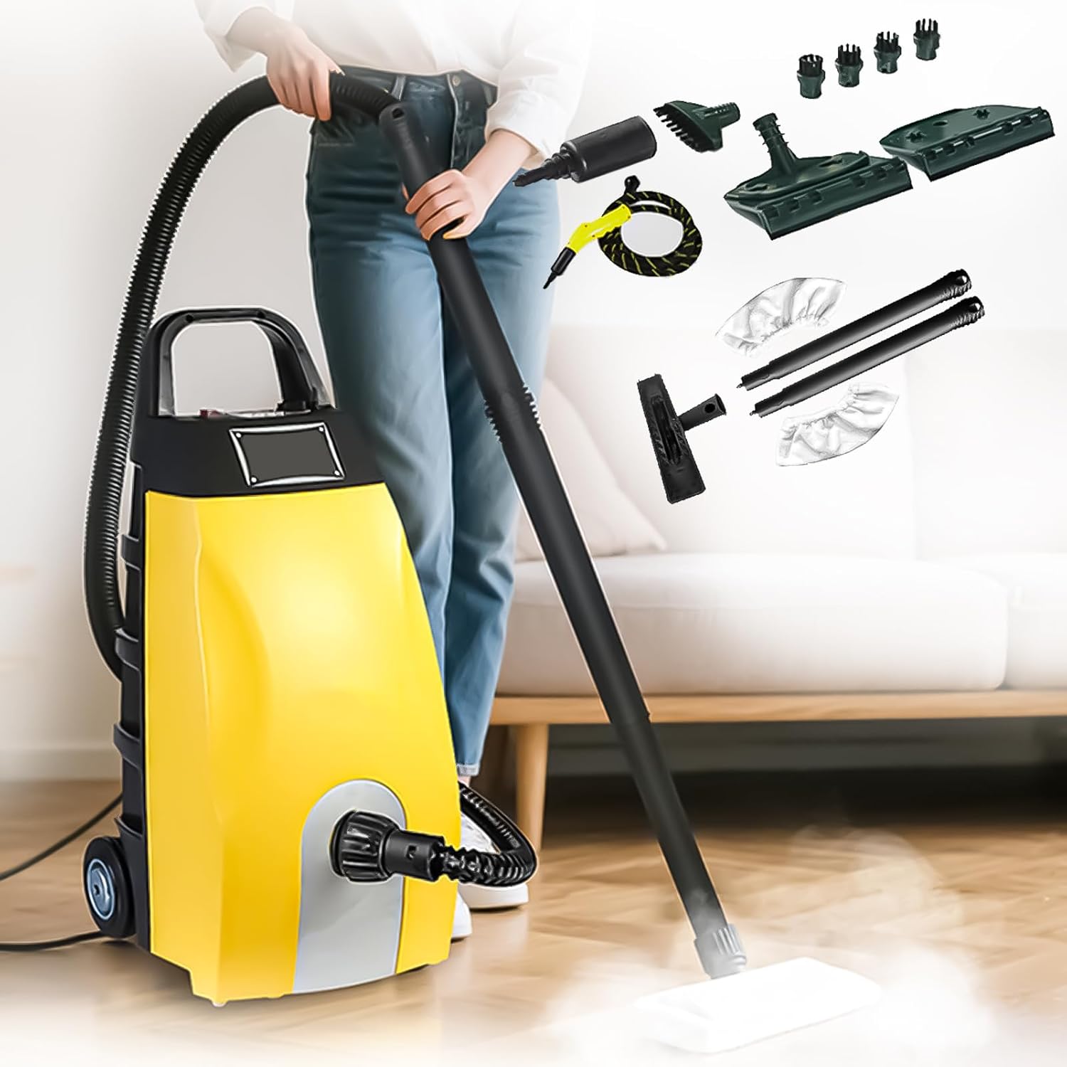 Commercial Steam Cleaner 3000W Heavy Duty - 3.5L Tank, 230°F High Temp Steam for Restaurant Kitchen, Lightweight Steamer with Safety Lock, Used for car & kitchen cleaning (Yellow Machine + Mop)