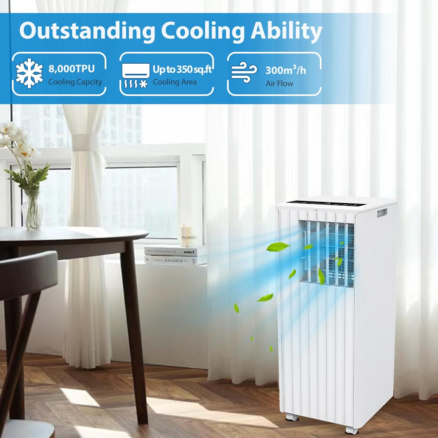 8,000 BTU Portable Air Conditioner, Smart Control, Cools up to 350 Sq. Ft., with Dehumidifier & Fan mode, Easy- to-use Remote Control & Window Installation Kit Included