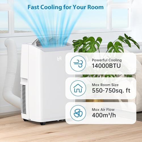 Portable Air Conditioners, 14,000 BTU, 3-in-1 Cooling, Dehumidifying, and Fan Modes, Efficiently Cools Rooms up to 750 Sq. Ft, Includes Quiet Operation, 24-Hour Timer, and Remote Control, White Top