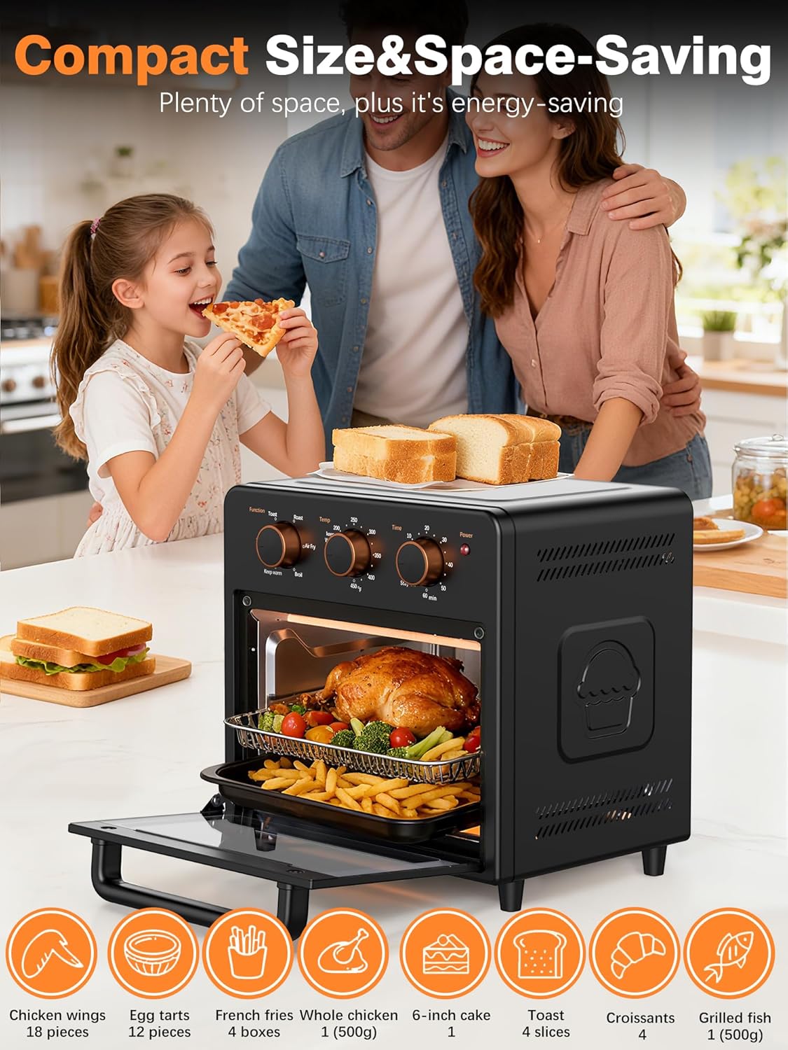 OUNIN Air Fryer & Toaster Oven with Steam Infusion, 12L Compact, Countertop Friendly, Fast Preheat with Bake, Convection Bake, Grill, Broil and Warm Options, 60-Minute Timer, Stainless Steel