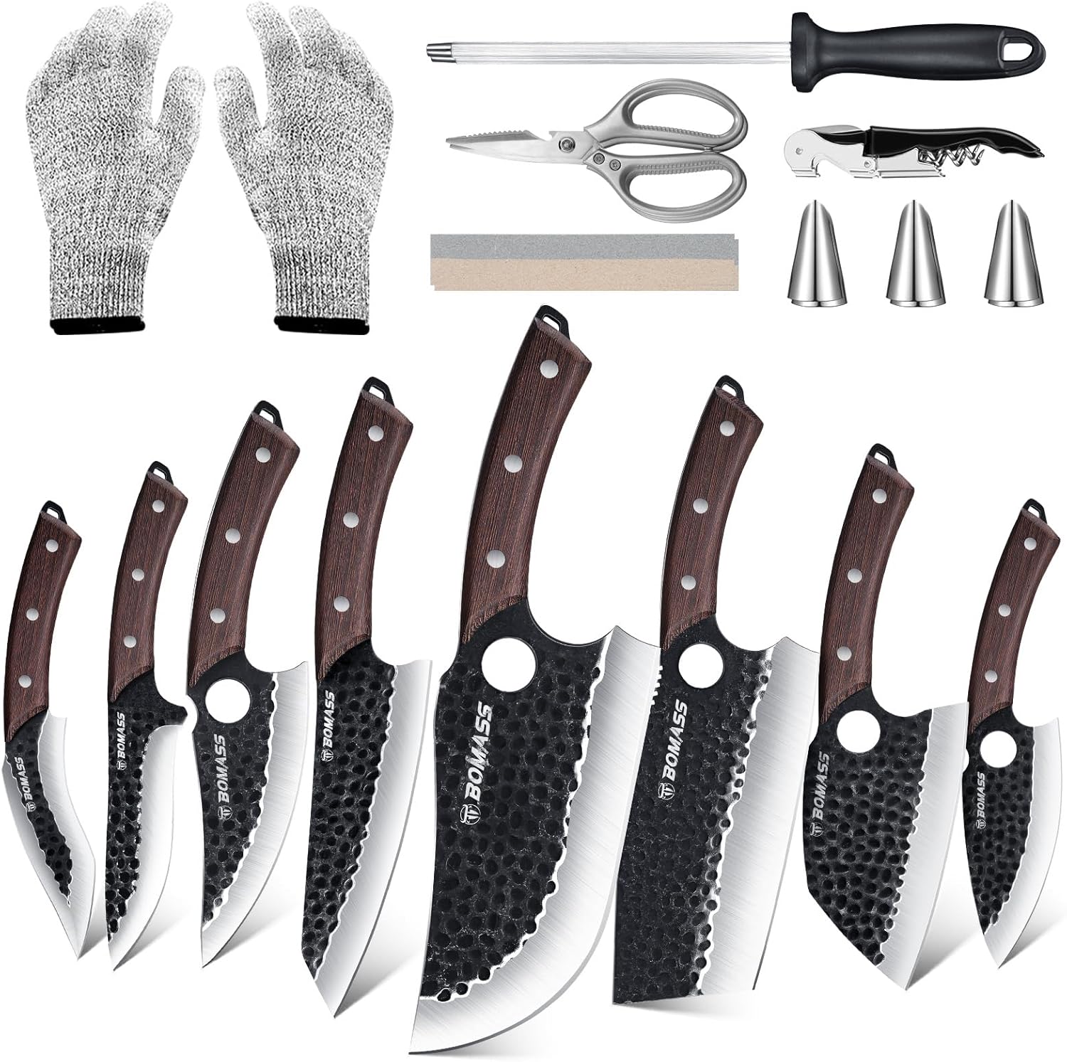 Meat Cleaver Butcher Knife Set of 15PCS, Hand Forged Knives Set for Kitchen, High Carbon Japanese Knife Set with bag & 6 Accessories, Boning Knife for Meat Cutting, Outdoor Cooking BBQ Camping Gift