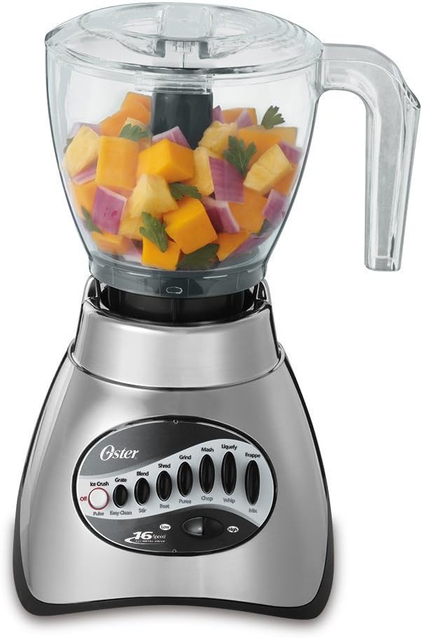 Oster Classic Series 16-Speed Blender with Food Chopper & 5-Cup Glass Jar, Countertop Kitchen Blender, Brushed Nickel