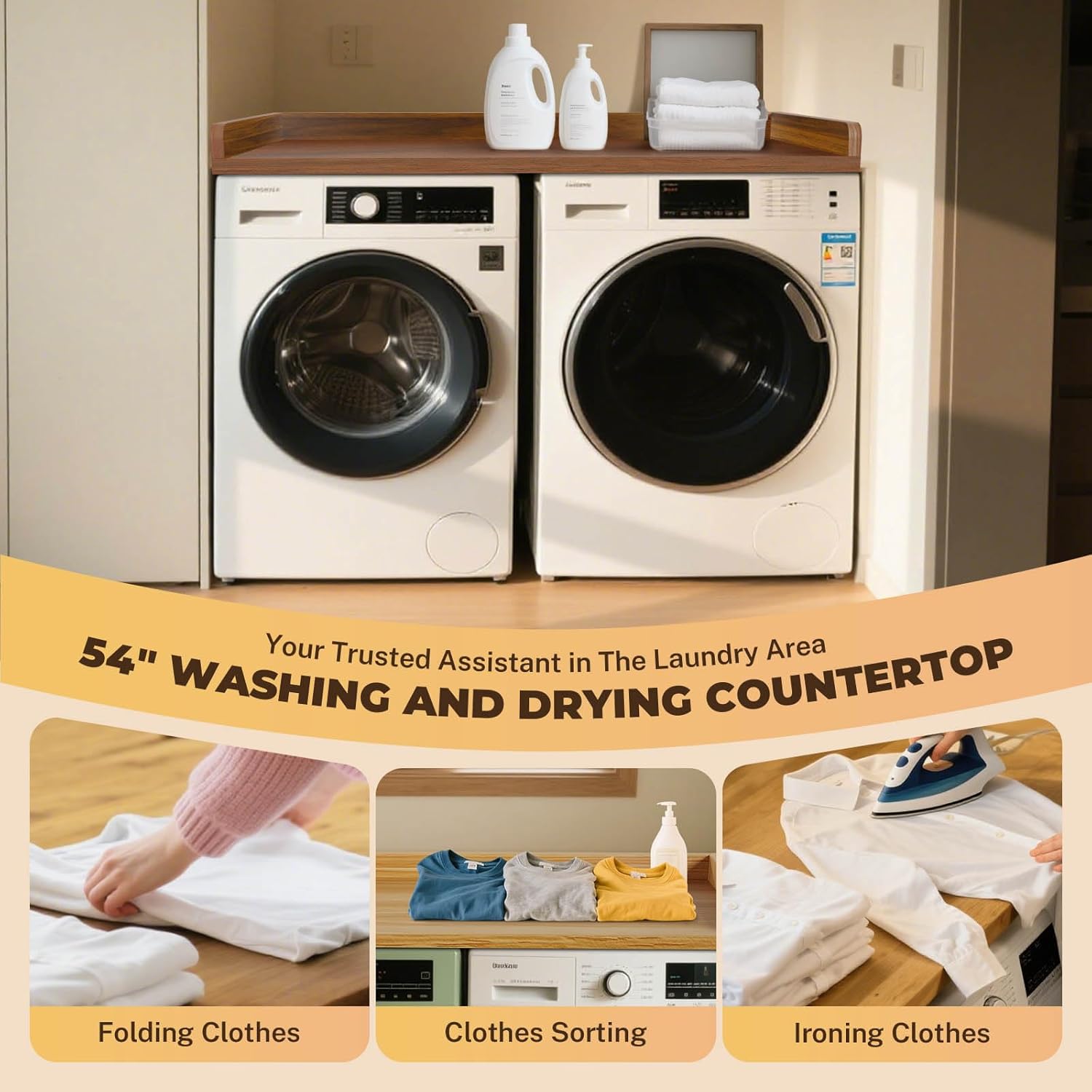 FAHKNS Washer Dryer Countertop - Wood Laundry Washer Dryer Topper with Anti-Slip Mat, 54