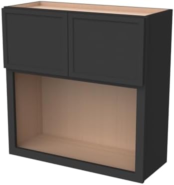 Solid Wood RTA Wall Microwave Cabinet with Open Shelves – Shaker Style, Space-Saving Kitchen Pantry Storage, Durable and Versatile Wall-Mounted Organizer (NT-Charcoal Black, 30