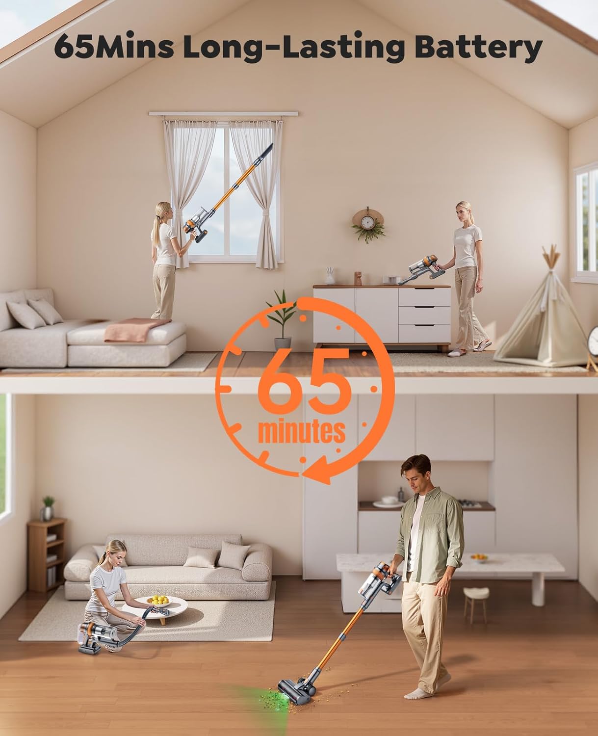 Cordless Vacuum Cleaner,600W 50KPa 65Mins Vacuum Cleaners for Home,Stick Vacuum with LED Touch Screen,Wall Mount Charging,Self-Standing Cordless Vacuum for Pet Hair/Carpet/Hard Floor/Car