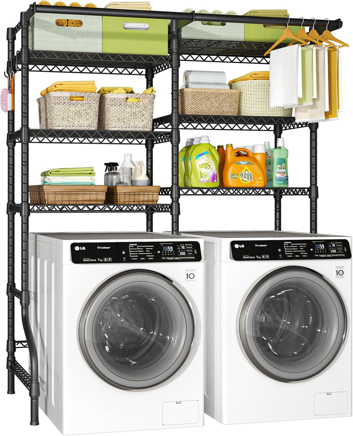 Ulif U13 Over Washer and Dryer Storage Shelves, 6 Tiers Laundry Room Standing Shelf with 2 Hanger Rods, Space Saver Clothes Drying Rack, 63.4