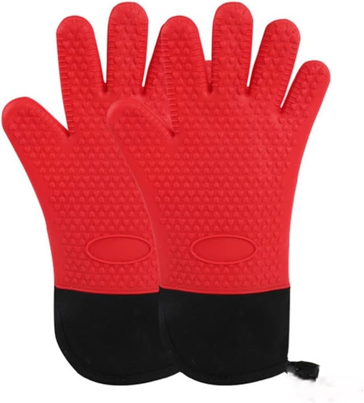 Long Oven Gloves Heat Insulated Finger Gloves Non-Slip Microwave Oven Mitts Gripper Pot Holder BBQ Baking Tool(Black)