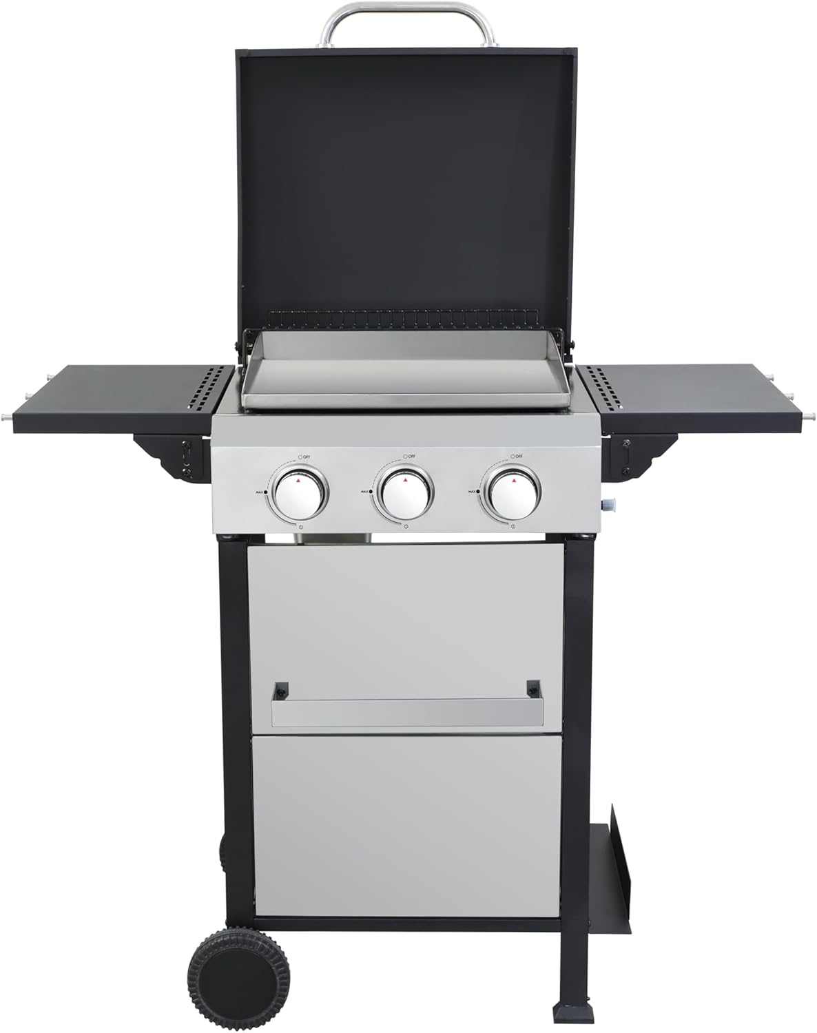 3-Burner Propane Gas BBQ Grill with Side Burner, Combined with Charcoal Grill, 36900 BTU Output w/Enameled Cast Iron Cooking Grids For Outdoor Barbecue, Stainless Steel (Black+Silver)