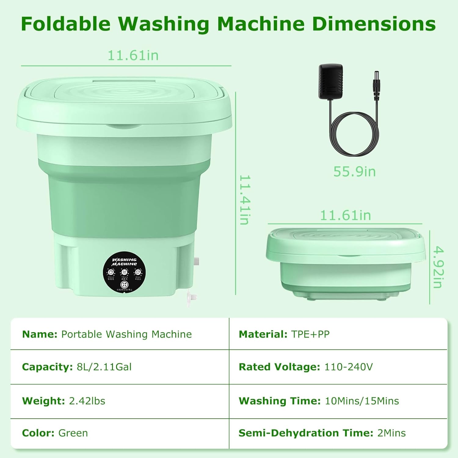 Portable Washing Machine, Foldable Mini Washing Machine with 3 Modes Deep Cleaning of Underwear, Small Clothes and Socks, Small Collapsible Laundry Washer for Apartments, Camping, Travel (Green)