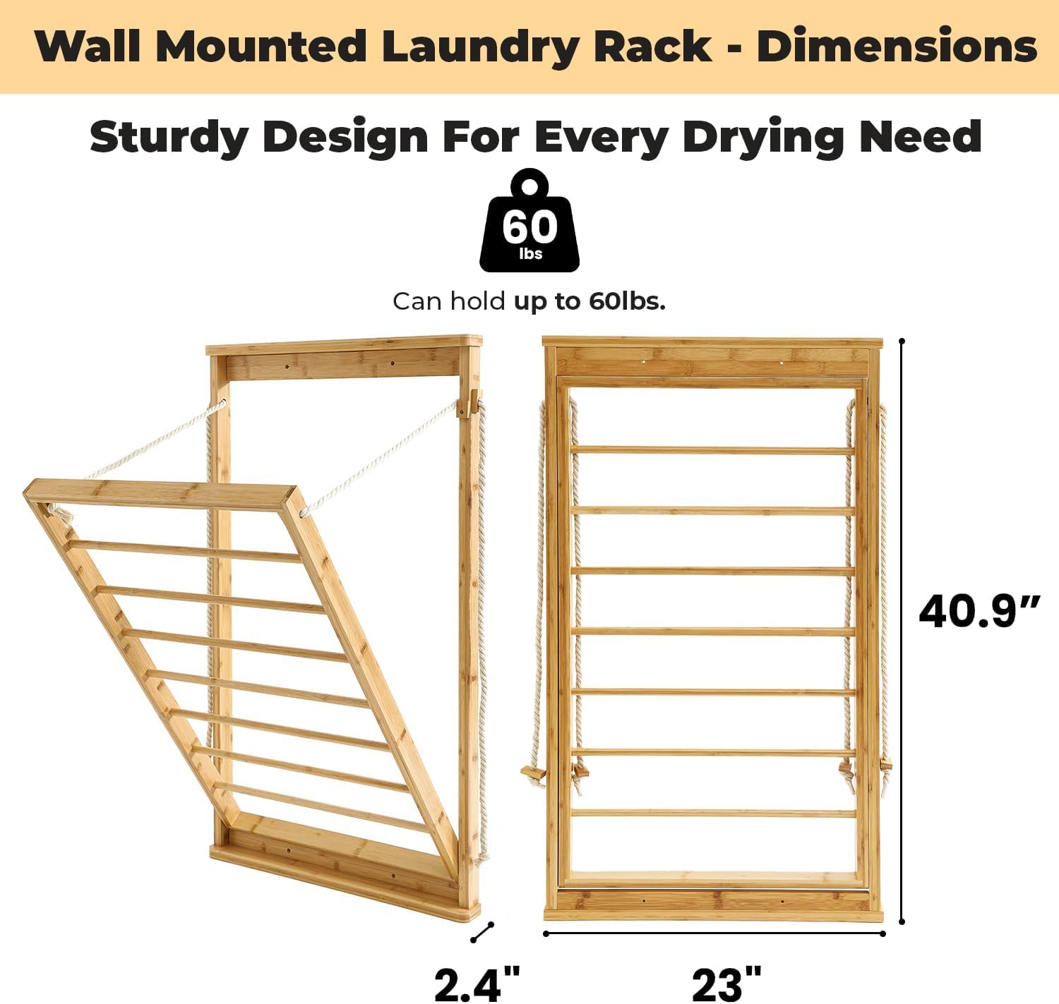 Clothes Drying Rack, Foldable Bamboo Wall Mounted Laundry Rack – Space-Saving, Drop-Down Design – 23