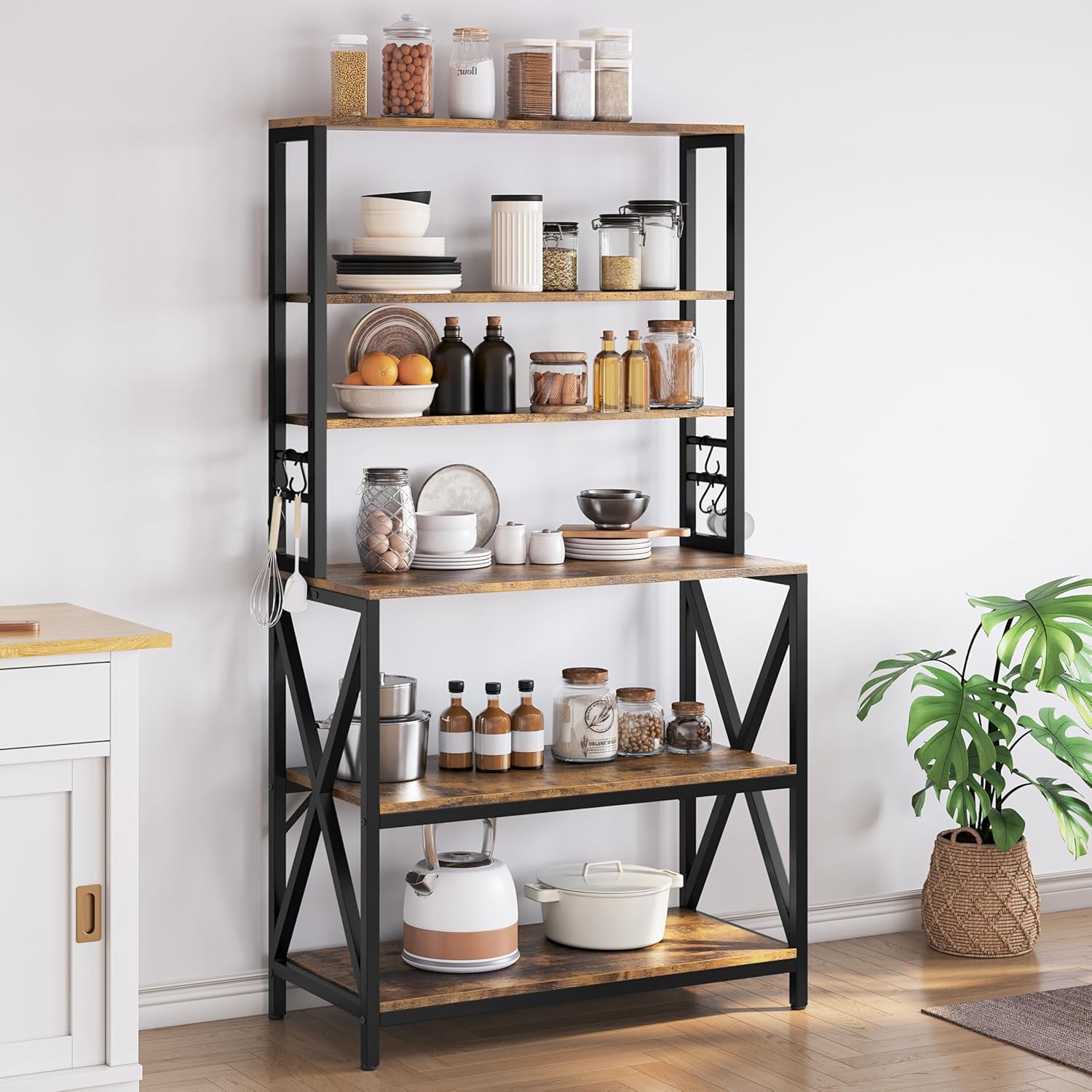 Yaheetech 6-Tier Kitchen Bakers Rack, 31.5 Inch Coffee Bar Table, Farmhouse Microwave Oven Stand Cabinet for Small Spaces, Corner Organizer Storage Shelf for Spices and Pots Rustic Brown