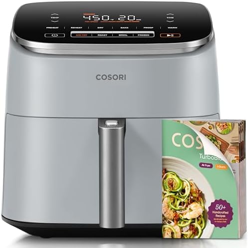 Cosori 9-in-1 TurboBlaze Air Fryer 6 Qt, Premium Ceramic Coating, 90°–450°F, Precise Heating for Even Results, Air Fry, Roast, Bake, Broil, Dry, Frozen, Proof, Reheat, Keep Warm, 120V, Light Gray