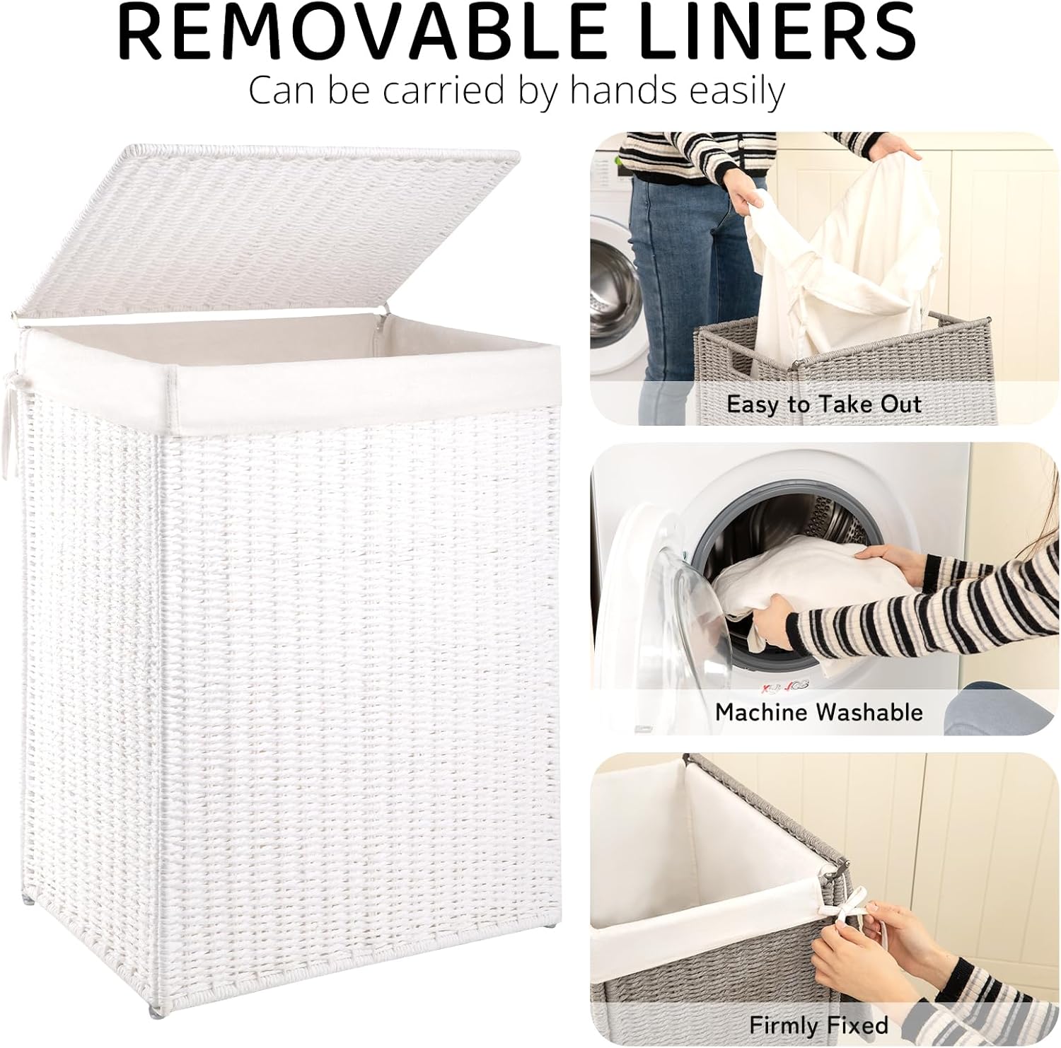 OIAHOMY Laundry Hamper with Lid, 23.8 Gal (90L) Wicker Hamper with Removable Liner Bags, Handwoven Clothes Basket with Handles, Foldable Woven Paper Rope Basket for Laundry Room, Bedroom-White