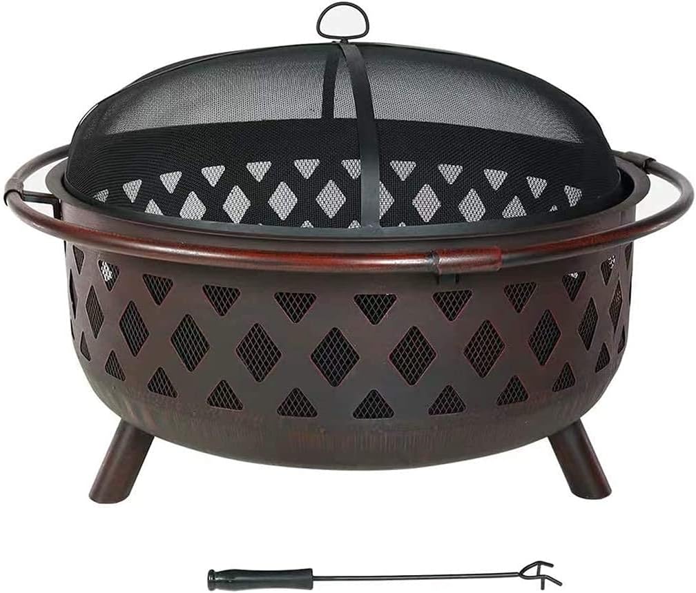 Fire Pit,Outdoor Fire Pit Round Steel Wood Burning with Spark Screen and Fire Poker for Outside Backyard Patio Camping Deck,Family Essential Multifunctional Stove