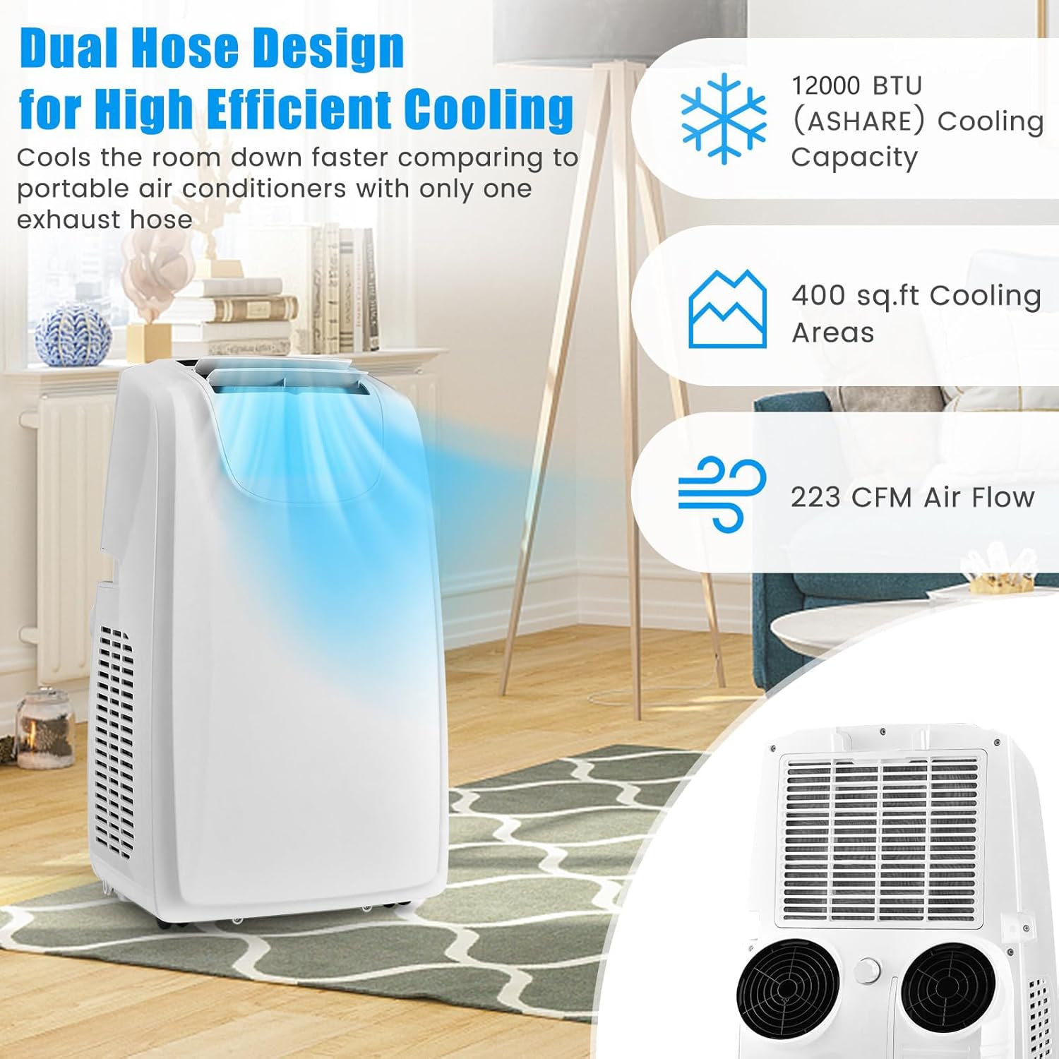 ARLIME Portable Air Conditioner, 12000 BTU AC Unit w/Dual Hose & Remote Control, 3-in-1 Powerful Cooling w/Dehumidifier, Sleep Mode, 24H Timer & Window Installation Kit for Rooms up to 400 Sq.Ft.