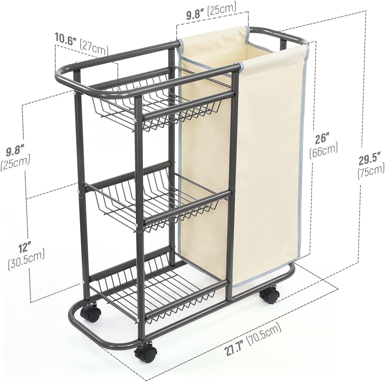 Rolling Laundry Cart with Wheels: Heavy Duty Laundry Basket with Wheels - 3-Tier Cleaning Cart Between Washer and Dryer Storage with 1 Bag for Clothes,Laundry Room,Bathroom, Bedroom