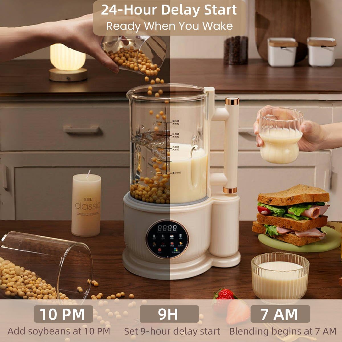 8-in-1 Automatic Soy Milk Maker, 50.72oz Nut milk maker blender for Almond/Oat/Soy Milk, Juice, Milkshake, Rice Paste, glass blender with LED Display, Auto Clean, 24H Delay Start & 12H Keep Warm