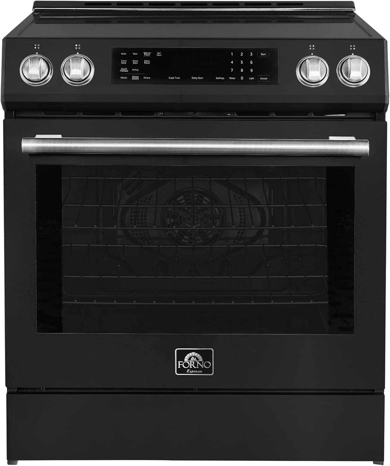 Forno Donatello 30-Inch Freestanding Induction Range, 5.0 cu.ft. Capacity – Stainless Steel with Antique Brass & Stainless Handle – LED Screen, 4 Radiant Elements, Convection Oven – Model FFRBI6468-30