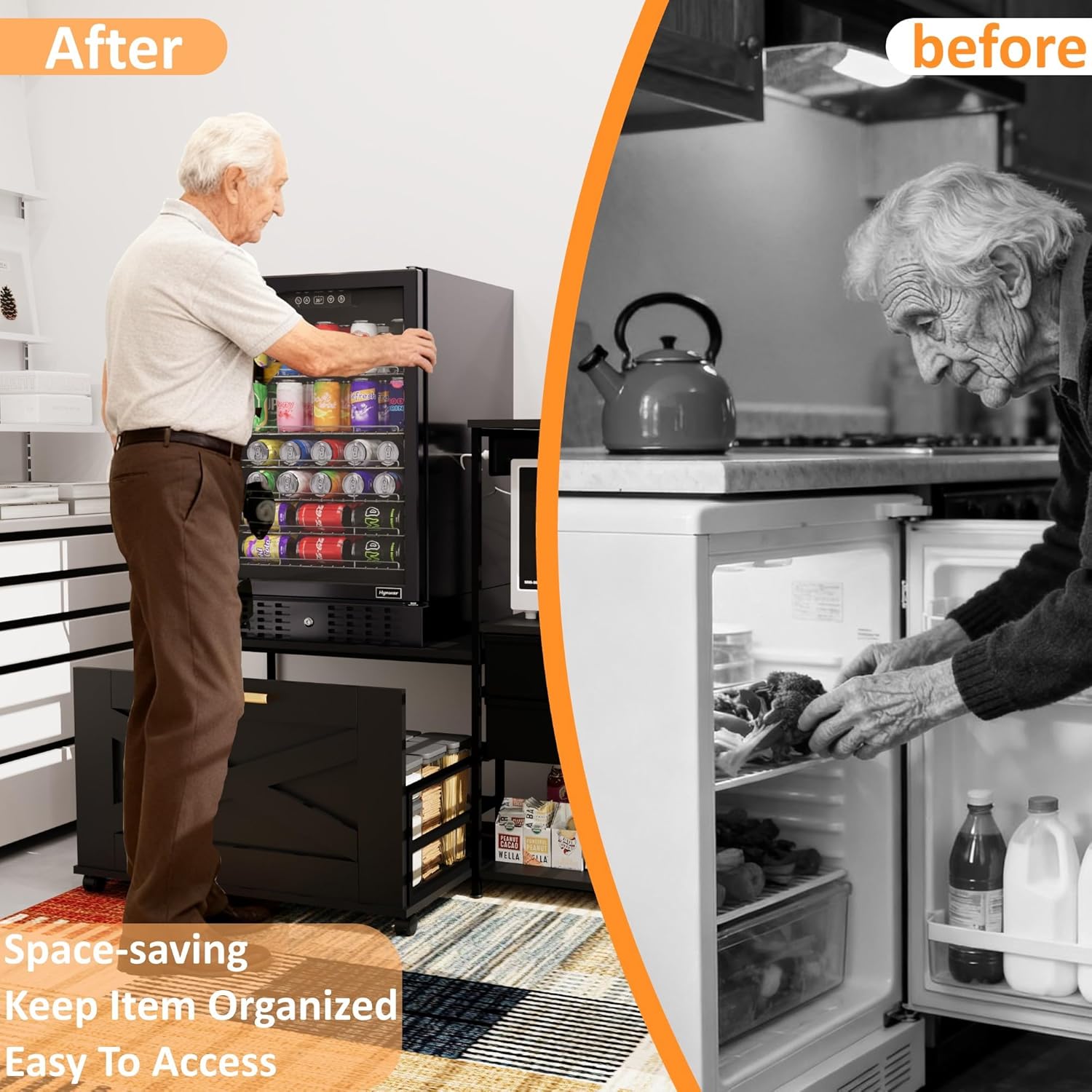 Mini Fridge Stand with Storage, Farmhouse Microwave and Mini Fridge Stand with Power Outlet & Cabinet, Kitchen Bakers Rack with Storage Shelf and Drawers for Home Dorm Office Bar, Black