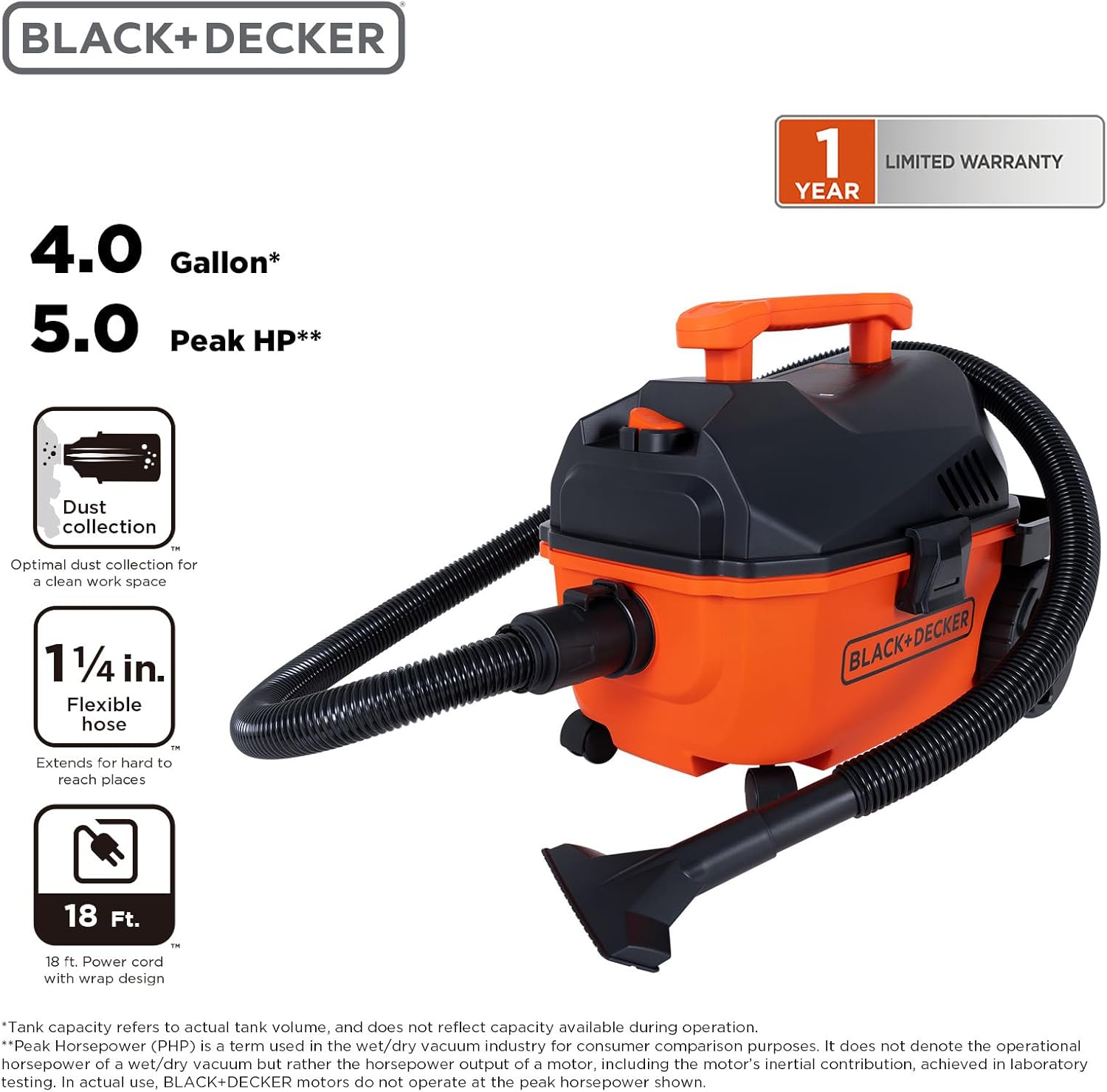 BLACK+DECKER 4 Gallon 5.0 Peak HP Wet Dry Vac,Portable Shop Vacuum Wet and Dry with Powerful Suction, Quiet Muffler, 24 ft Cleaning Reach, On-Board Storage and Complete Accessory Set, BDXV18905P-4