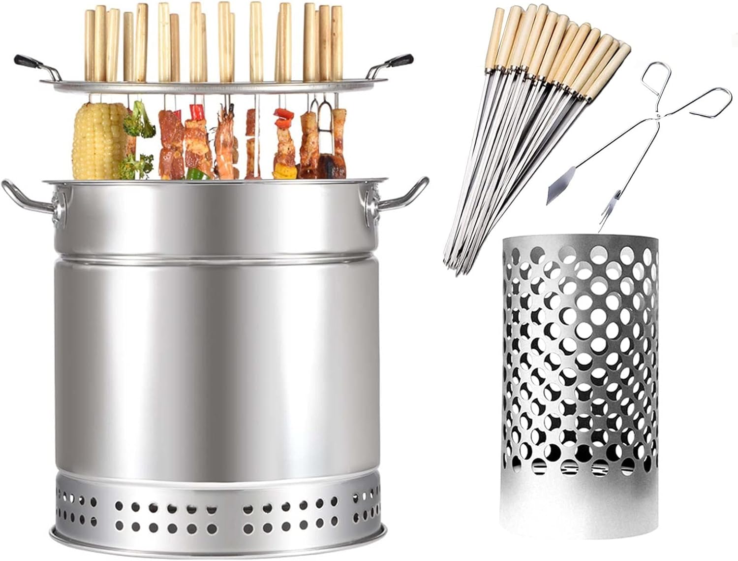 Barbecue Grill Smokeless Charcoal Smoker Barrel Grill, Vertical Barbeque Hanging Stove, Stainless Steel Split Oven with 50pcs Kabob Skewers, 360°All Round Roasting,Oil Charcoal Separation