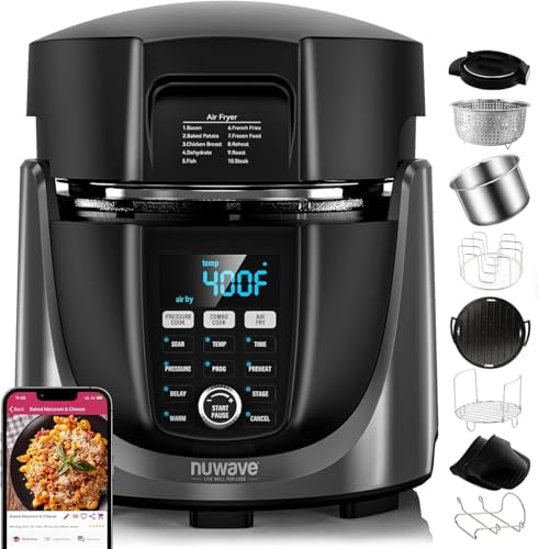 Nuwave Duet Air Fryer, Electric Pressure Cooker & Grill Combo, 540 IN 1 Multicooker with 3 Removable Lids, Slow Cook, Sautés, Dehydrator, 18/10 SS Pot, Sure-Lock Safety Tech & 13 Deluxe Accessories
