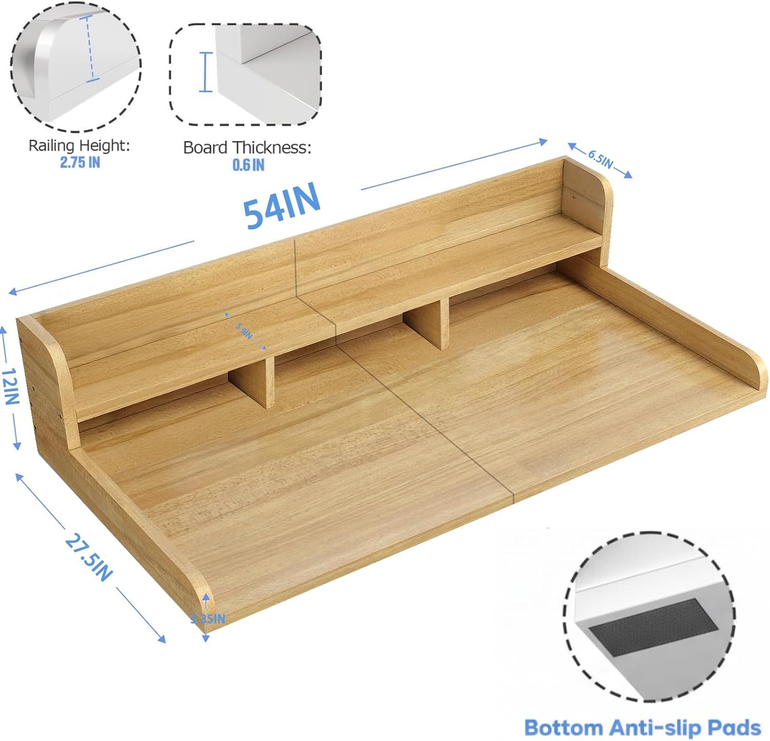 Washer Dryer Countertop, 54x27.5 Inch 2-Tier Laundry Topper with Non-Slip Pad & Edge Rails, for Folding Clothes & Storage, Fits Apartment Laundry Room, Easy Instal (Natural)