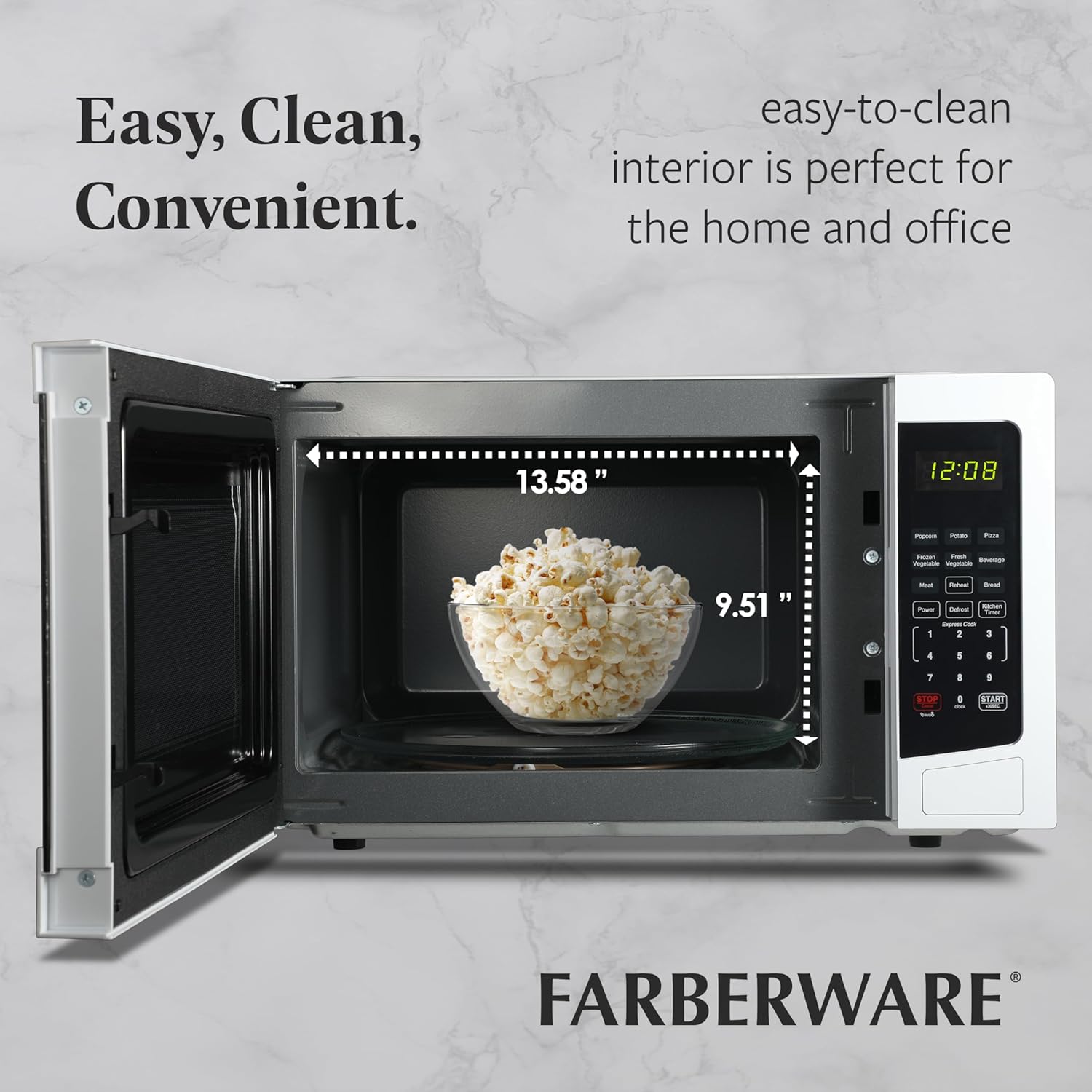 Farberware 1.1 Cu. Ft. Countertop Microwave Oven – 1000 Watts Power, Auto Cook Settings, Defrost, Easy Clean and Child Safety Lock - White
