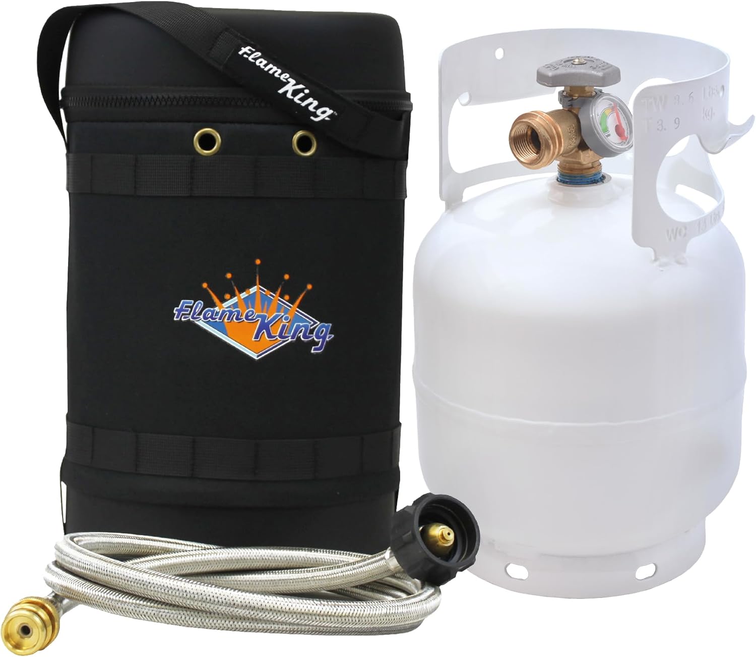Flame King Gas Hauler Pro Kit - Insulated Protective Carry Case, 5LB Propane Tank with Built-in Gauge and 5-FT Adapter Hose for Camping and Outdoor Adventures