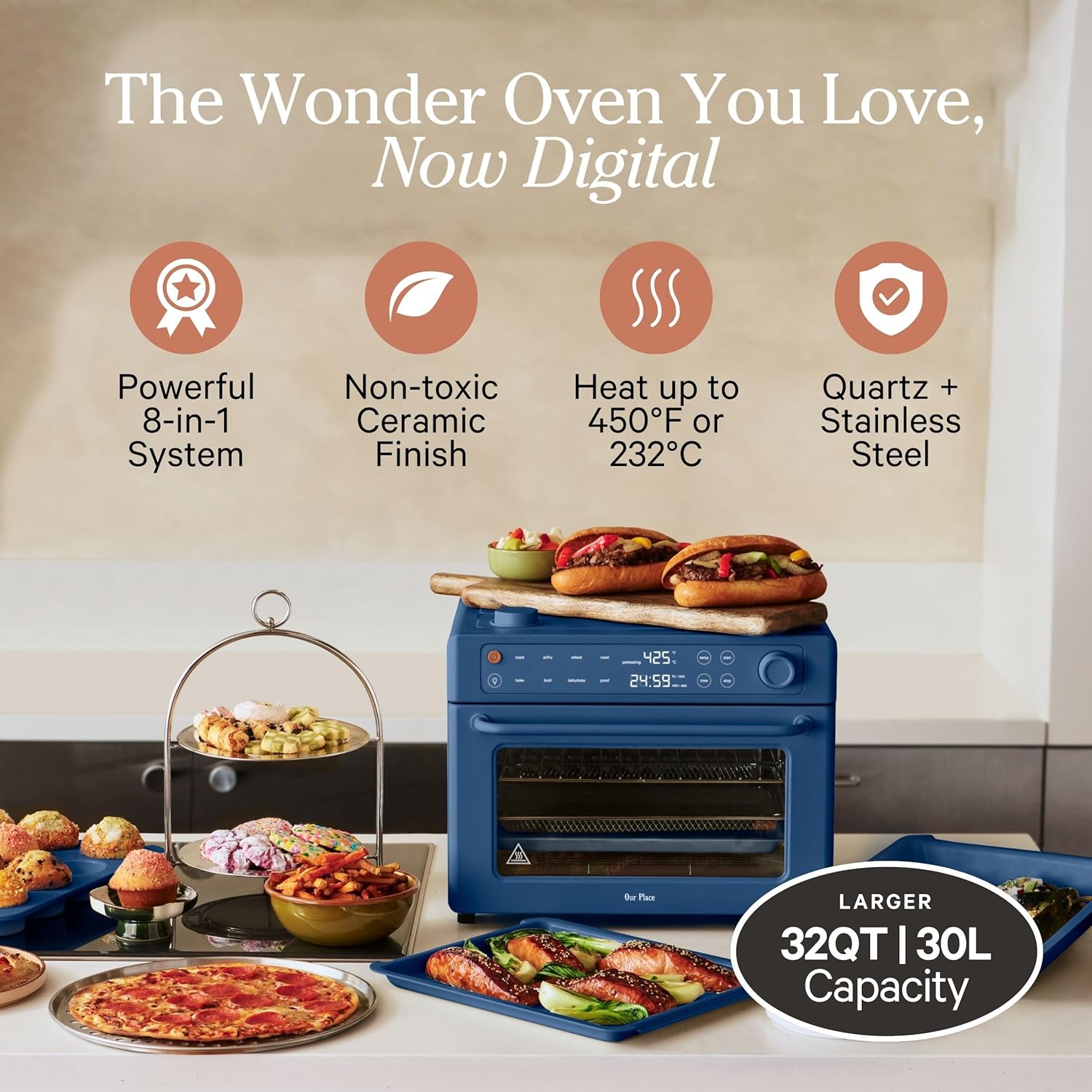 Our Place Large Wonder Oven | 6-in-1 Stainless Steel Air Fryer Toaster Oven Combo with Basket, Rack, Pan & Tray | 3-Rack, 32 QT, Large Capacity - Toast, Roast, Bake, Reheat, Broil & Steam | Blue Salt