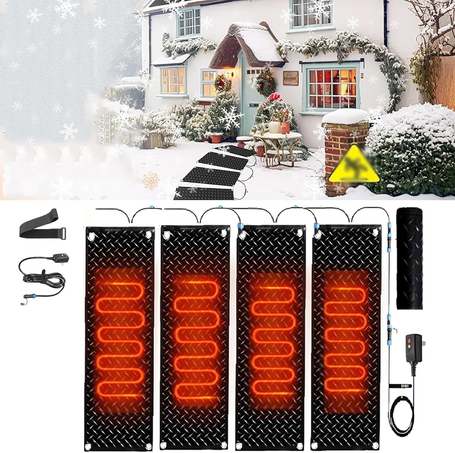 Snow Melting Mat for Outdoor Stairs - Slip-Proof Winter Walkway Mat, Power Cord for Safe Snow Removal(30x90cmx4Pcs)